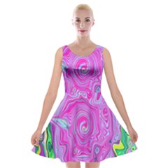 Groovy Pink, Blue And Green Abstract Liquid Art Velvet Skater Dress by myrubiogarden