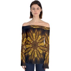 Mandala Gold Golden Fractal Off Shoulder Long Sleeve Top by Wegoenart