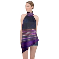 Abstract Cosmos Space Particle Halter Asymmetric Satin Top by Wegoenart