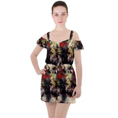 Ara Bird Parrot Animal Art Ruffle Cut Out Chiffon Playsuit by Wegoenart