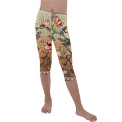 Flower Cubism Mosaic Vintage Kids  Lightweight Velour Capri Leggings  by Wegoenart