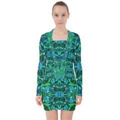 Abstract #8   I   Blues & Greens 6000 V-neck Bodycon Long Sleeve Dress by KesaliSkyeArt