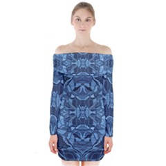 Abstract #8   I   Blues 6000 Long Sleeve Off Shoulder Dress by KesaliSkyeArt