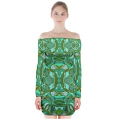 Abstract #8   Aqua Jungle 6000 Long Sleeve Off Shoulder Dress by KesaliSkyeArt