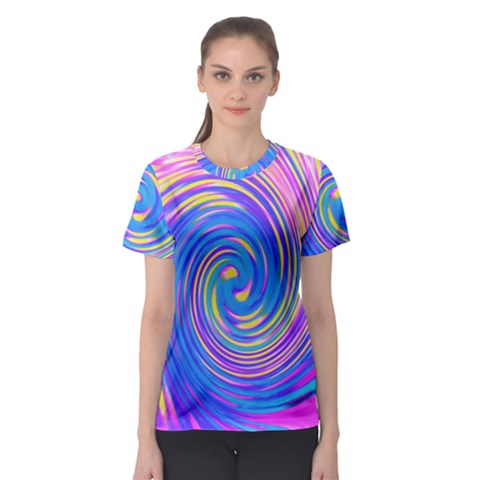 Cool Abstract Pink Blue And Yellow Twirl Liquid Art Women s Sport Mesh Tee by myrubiogarden