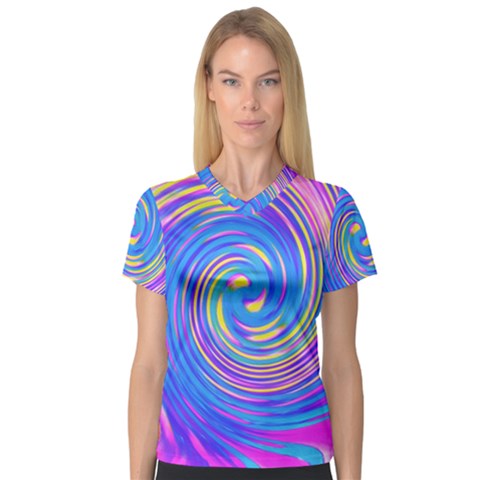 Cool Abstract Pink Blue And Yellow Twirl Liquid Art V-neck Sport Mesh Tee by myrubiogarden