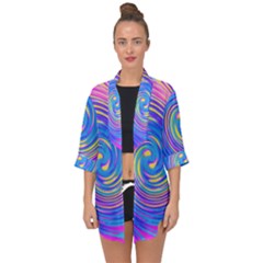 Cool Abstract Pink Blue And Yellow Twirl Liquid Art Open Front Chiffon Kimono by myrubiogarden