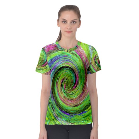 Groovy Abstract Green And Crimson Liquid Swirl Women s Sport Mesh Tee by myrubiogarden