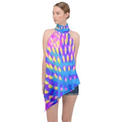 Pink, Blue And Yellow Abstract Coneflower Halter Asymmetric Satin Top by myrubiogarden