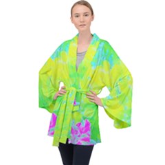 Fluorescent Yellow And Pink Abstract Garden Foliage Velvet Kimono Robe by myrubiogarden