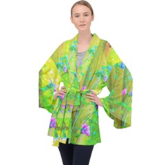 Hot Pink Abstract Rose Of Sharon On Bright Yellow Velvet Kimono Robe by myrubiogarden