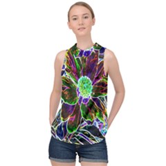 Abstract Garden Peony In Black And Blue High Neck Satin Top by myrubiogarden