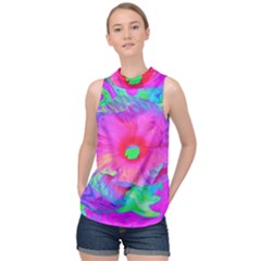 Psychedelic Pink And Red Hibiscus Flower High Neck Satin Top by myrubiogarden