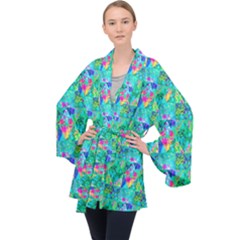 Garden Quilt Painting With Hydrangea And Blues Velvet Kimono Robe by myrubiogarden