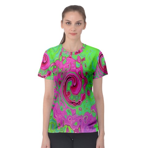 Groovy Abstract Green And Red Lava Liquid Swirl Women s Sport Mesh Tee by myrubiogarden