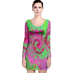 Groovy Abstract Green And Red Lava Liquid Swirl Long Sleeve Velvet Bodycon Dress by myrubiogarden