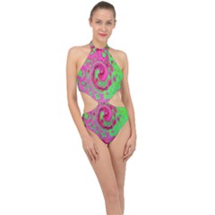 Groovy Abstract Green And Red Lava Liquid Swirl Halter Side Cut Swimsuit by myrubiogarden