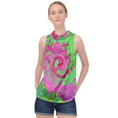 Groovy Abstract Green And Red Lava Liquid Swirl High Neck Satin Top by myrubiogarden