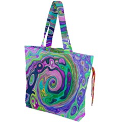 Groovy Abstract Aqua And Navy Lava Liquid Swirl Drawstring Tote Bag by myrubiogarden