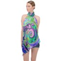 Groovy Abstract Aqua And Navy Lava Liquid Swirl Halter Asymmetric Satin Top View1