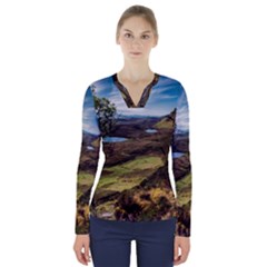 Landscape Quairaing Scotland V-neck Long Sleeve Top by Pakrebo