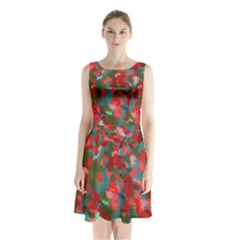 Redness Sleeveless Waist Tie Chiffon Dress by artifiart