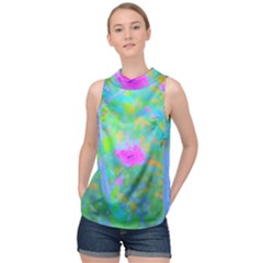 Pink Rose Of Sharon Impressionistic Blue Landscape Garden High Neck Satin Top by myrubiogarden