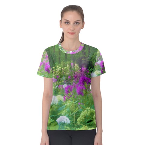 Annabella Hydrangeas And Purple Garden Landscape Women s Sport Mesh Tee by myrubiogarden