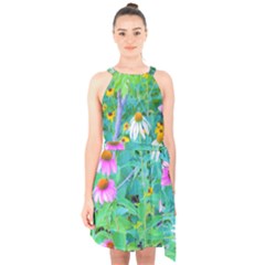 White And Purple Coneflowers And Yellow Rudbeckia Halter Collar Waist Tie Chiffon Dress by myrubiogarden