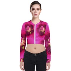 Deep Pink And Crimson Hibiscus Flower Macro Long Sleeve Zip Up Bomber Jacket by myrubiogarden