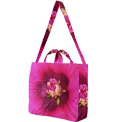 Deep Pink And Crimson Hibiscus Flower Macro Square Shoulder Tote Bag by myrubiogarden