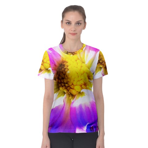 Purple, Pink And White Dahlia With A Bright Yellow Center Women s Sport Mesh Tee by myrubiogarden