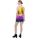 Purple, Pink And White Dahlia With A Bright Yellow Center Halter Asymmetric Satin Top View2