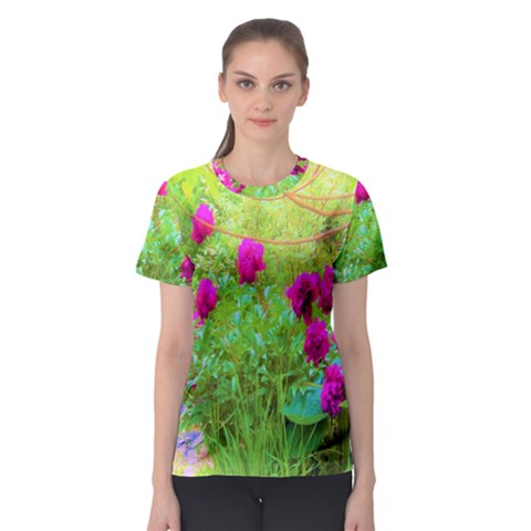 Impressionistic Purple Peonies With Green Hostas Women s Sport Mesh Tee by myrubiogarden