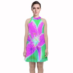 Hot Pink Stargazer Lily On Turquoise Blue And Green Velvet Halter Neckline Dress  by myrubiogarden