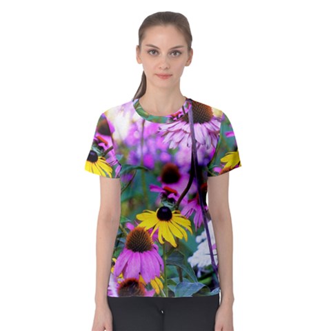 Yellow Flowers In The Purple Coneflower Garden Women s Sport Mesh Tee by myrubiogarden