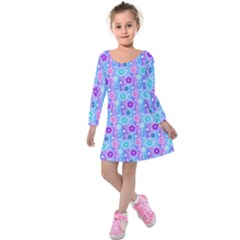 Flowers Light Blue Purple Magenta Kids  Long Sleeve Velvet Dress by Pakrebo