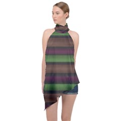 Stripes Green Brown Pink Grey Halter Asymmetric Satin Top by BrightVibesDesign