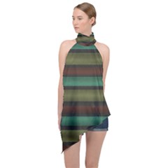 Stripes Green Yellow Brown Grey Halter Asymmetric Satin Top by BrightVibesDesign