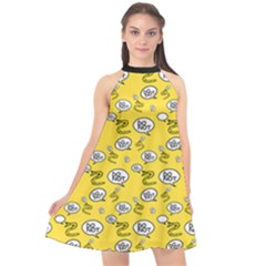 No Step On Snek Do Not Bubble Speech Pattern Yellow Background Meme Halter Neckline Chiffon Dress  by snek