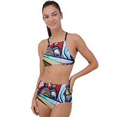 Blue Face King Graffiti Street Art Urban Blue And Orange Face Abstract Hiphop High Waist Tankini Set by genx