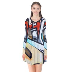 Blue Face King Graffiti Street Art Urban Blue And Orange Face Abstract Hiphop Long Sleeve V-neck Flare Dress by genx