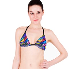 Urban Colorful Graffiti Brick Wall Industrial Scale Abstract Pattern Bikini Top by genx