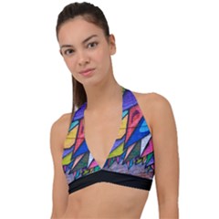 Urban Colorful Graffiti Brick Wall Industrial Scale Abstract Pattern Halter Plunge Bikini Top by genx