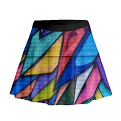 Urban Colorful Graffiti Brick Wall Industrial Scale Abstract Pattern Mini Flare Skirt by genx