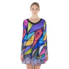 Urban Colorful Graffiti Brick Wall Industrial Scale Abstract Pattern Long Sleeve Velvet V-neck Dress by genx