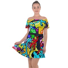 Graffiti Abstract With Colorful Tubes And Biology Artery Theme Off Shoulder Velour Dress by genx