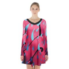 Graffiti Watermelon Pink With Light Blue Drops Retro Long Sleeve Velvet V-neck Dress by genx