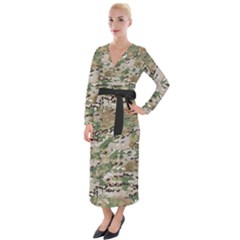 Wood Camouflage Military Army Green Khaki Pattern Velvet Maxi Wrap Dress by snek