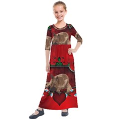 Wonderful German Shepherd With Heart And Flowers Kids  Quarter Sleeve Maxi Dress by FantasyWorld7